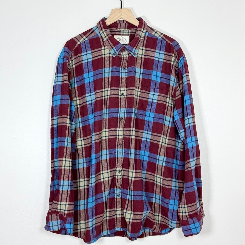 St Johns Bay Mens Flannel Shirt Size XXL Burgundy Blue Plaid Super Soft Cotton
